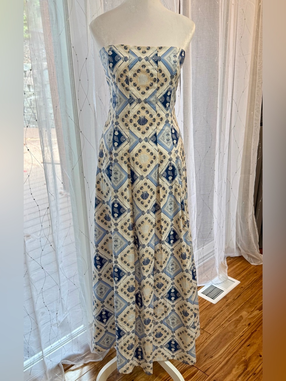 NWT 7 For All Mankind Strapless Cotton Dress Blue Wht Cream Seashell Print Sz L
